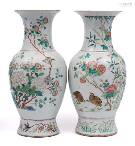 A pair of Chinese famille rose baluster vases: each painted ...