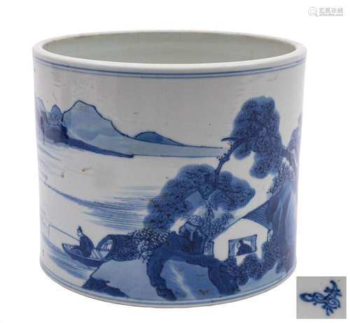 A large Chinese blue and white cylindrical brush pot,