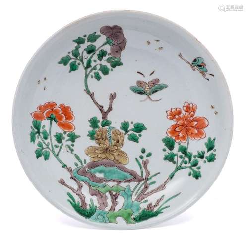 A Chinese famille verte saucer dish: painted with two butter...