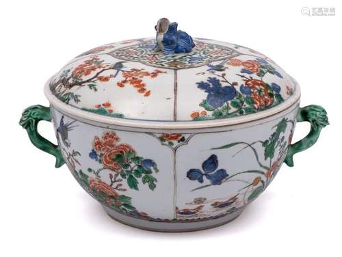 A Chinese famille verte two-handled circular bowl and cover:...