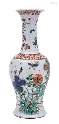 A Chinese famille verte yen-yen vase: the ribbed waisted sle...