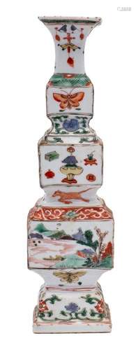 A Chinese famille verte square section triple-gourd vase: pa...