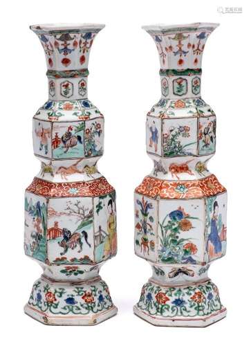 A pair of Chinese famille verte hexagonal section double-gou...