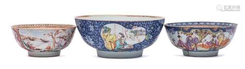 A group of three Chinese famille rose bowls: variously paint...