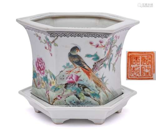 A Chinese famille rose jardiniere and stand: of flared hexag...