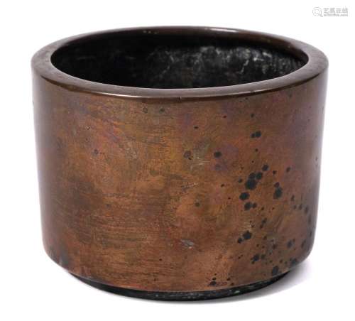 A Chinese bronze censer: of plain cylindrical form with flat...