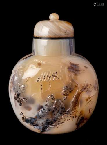 A large Chinese Suzhou agate snuff bottle and stopper: of fl...