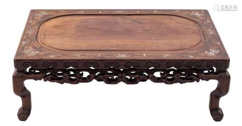A Chinese inlaid hardwood low table: the top with recessed c...