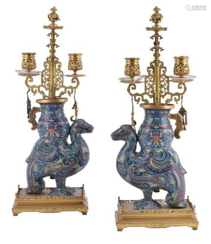 A pair of French cloisonné and ormolu table candelabra