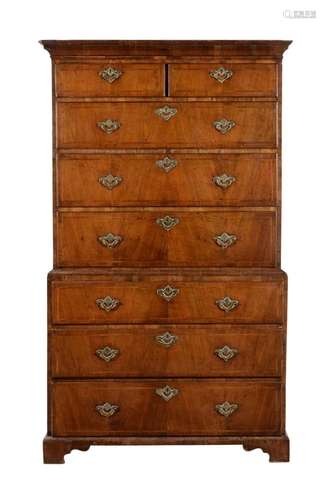 A George II walnut and feather banded chest on chest