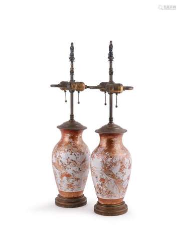 A pair of Japanese Kaga type porcelain vases adapted as lamp...