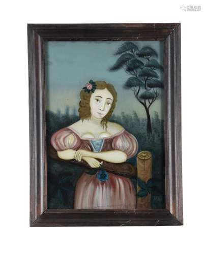 A reverse painted glass portrait of a forlorn lady