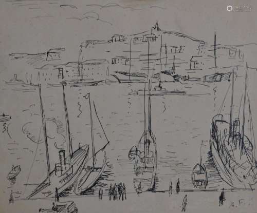 André FRAYE (1888-1963)
Bateaux à quai dans un port
Encre mo...