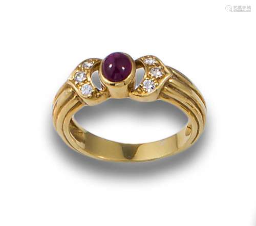 RUBY CABOCHON RING, AND BRILLIANTS, YELLOW GOLD