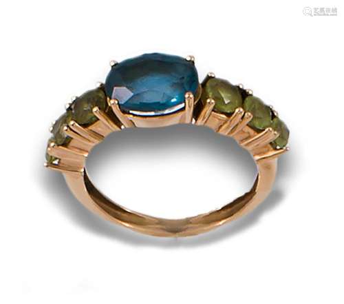 LONDON BLUE TOPAZ AND PERIDOT RING, PINK GOLD