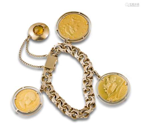 18kt yellow gold braided bracelet with coins and pendant cha...
