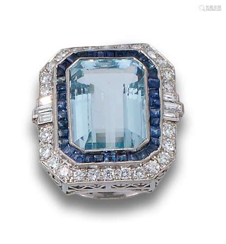 AQUA, SAPPHIRE, DIAMOND, PLATINUM RING