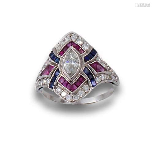 ART DECO RING , PLATINUM, DIAMONDS, RUBIES, SAPPHIRES