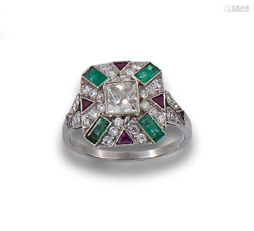 ART DECO PLATINUM, RADIANT DIAMOND, EMERALD, RUBY RING