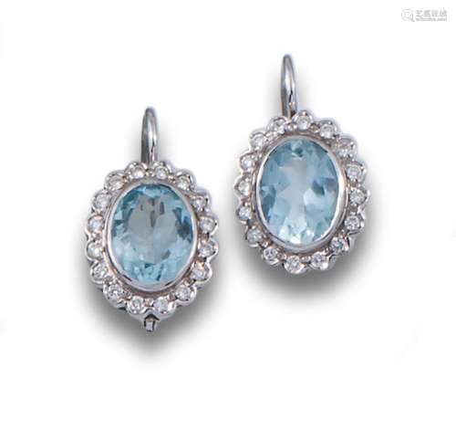 ROSETTE EARRINGS WITH DIAMONDS, AQUAMARINES AND WHITE GOLD