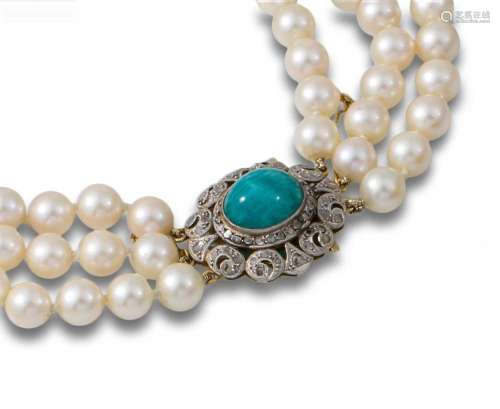 Three strands of cultured pearls,and platinum and brilliant-...