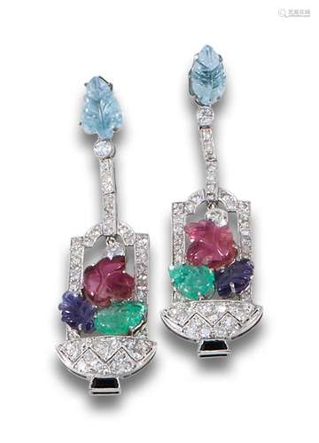 Earrings, Art Deco tutti frutti style, in platinum,with aqua...