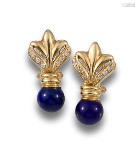 18kt yellow gold earrings with lapis lazuli bead, with zirco...