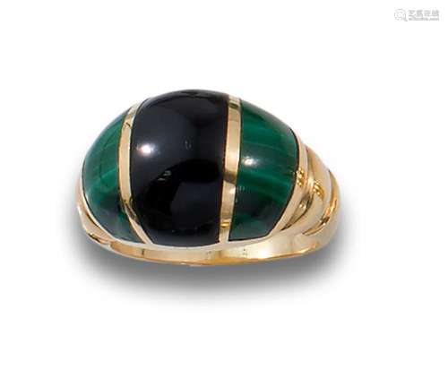 Bombé ring in 18kt yellow gold, 70's, with malachite and...