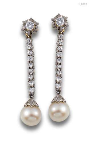 Long riviere diamond earrings, brilliant-cut, and cultured p...