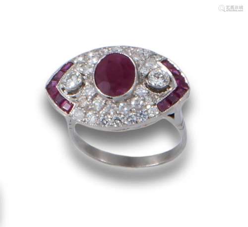 Art Deco platinum ring, navette-shaped with an oval-cut ruby...