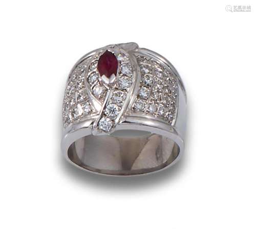 18kt white gold bombé ring, centre with marquise-cut ruby an...