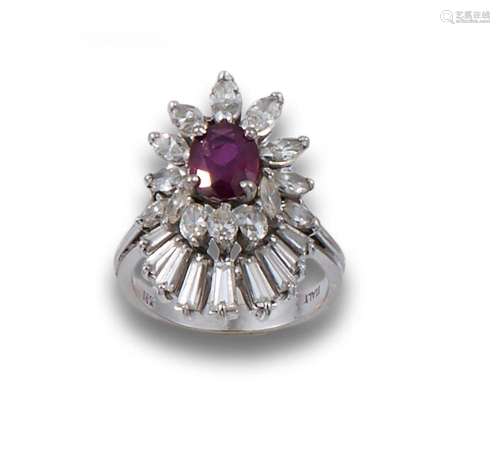 18kt white gold shuttle ring, oval cut ruby centre and diamo...