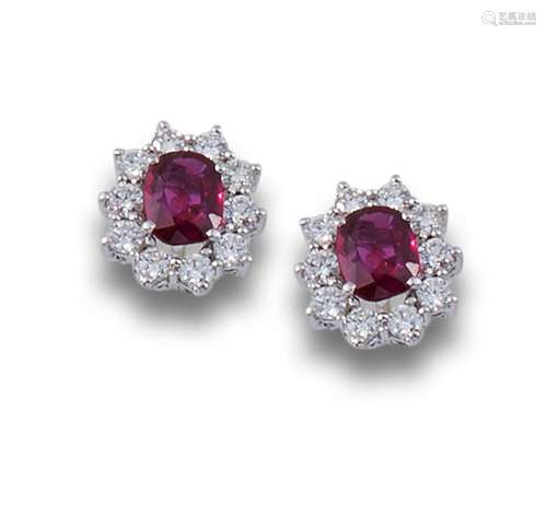 Rosette earrings with ruby and diamonds.