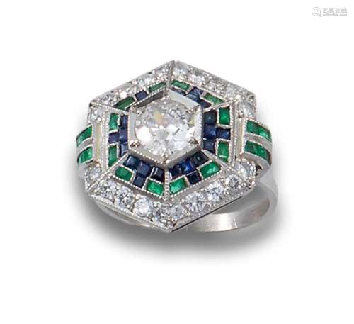 Antique style ring in platinum, with diamonds, sapphires and...
