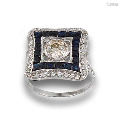 Art Deco square ring in platinum with diamond and onyx.