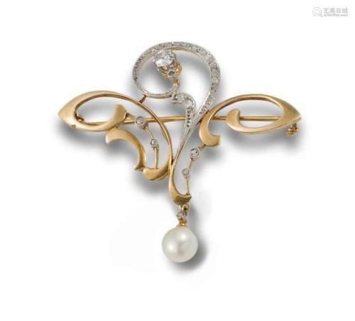 Art Nouveau brooch in 18kt yellow gold with platinum with ro...