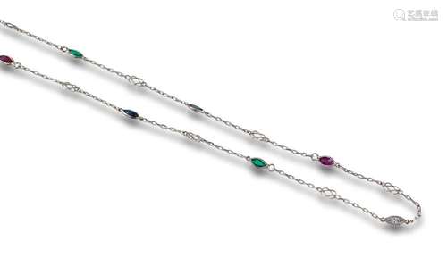 Chain, antique style, in platinum with diamonds, rubies, sap...