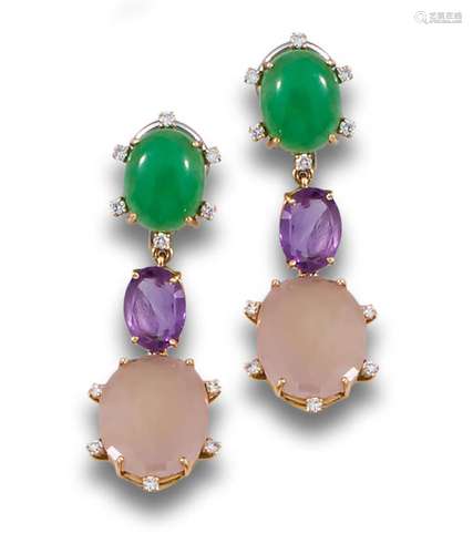 18kt white and yellow gold long earrings with jade, amethyst...