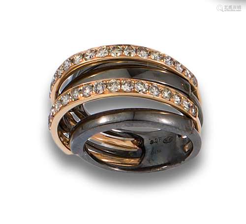 18kt. rose gold and blued bombé ring with rows of brown bril...