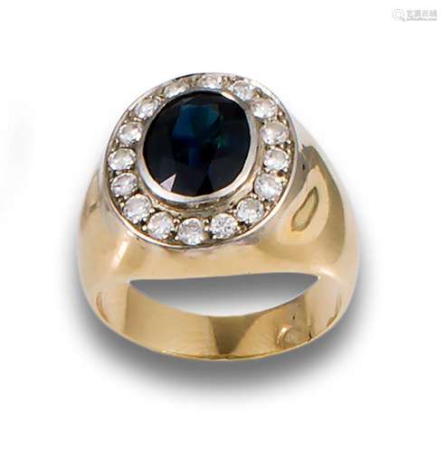 Men's 18kt yellow gold ring with sapphire, and a border ...