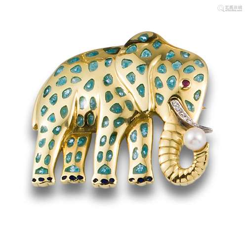 Elephant brooch enamel, ruby diamonds.