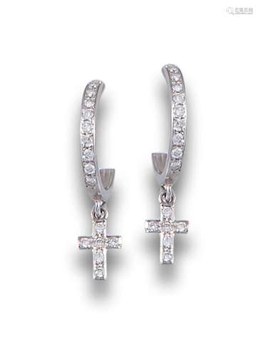 Creole hoop earrings in 1 white gold with crosses and diamon...