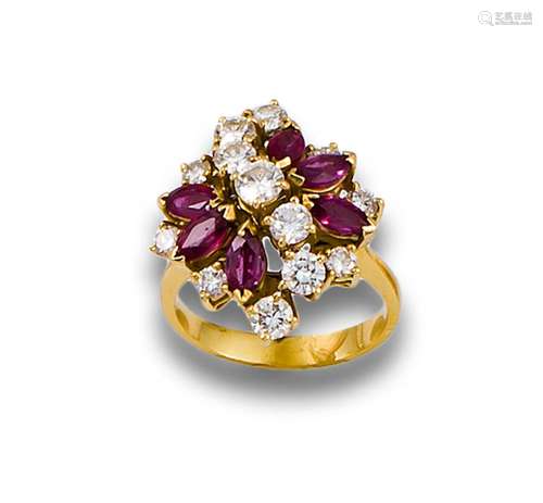 FLOWER RING WITH SYNTHETIC RUBIES AND BRILLIANT-CUT DIAMONDS