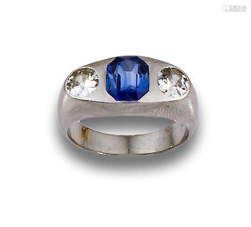 ANTIQUE DOUBLE RING WITH 2 DIAMONDS AND SYNTHETIC SAPPHIRE C...