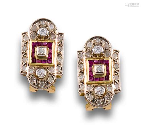 ART DECO STYLE EARRINGS IN YELLOW GOLD, DIAMONDS AND SYNTHET...