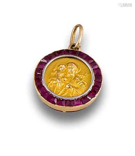 YELLOW GOLD AND SYNTHETIC RUBIES RELIGIOUS PENDANT