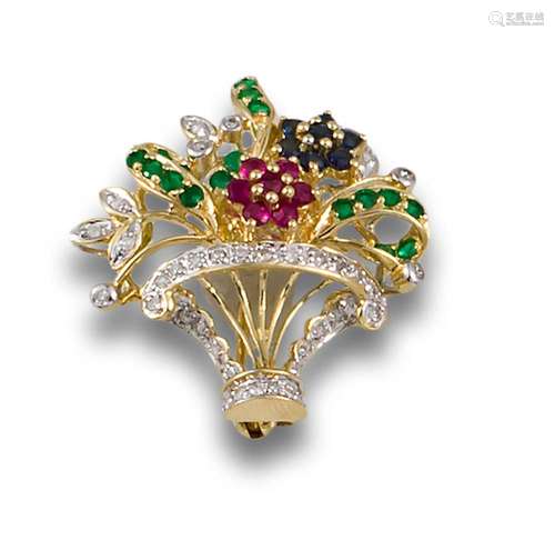 YELLOW GOLD BASKET BROOCH, DIAMONDS