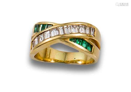 GOLD BANDED BAGUET AND EMERALD RING