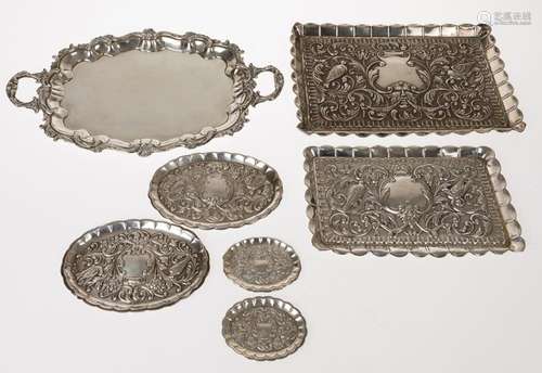 Set of 4 small silver trays and 2 ashtrays