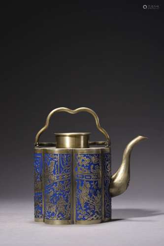 19世纪白铜烧蓝刻人物梅花壶
